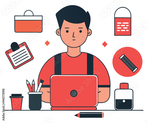 Smiling man sits before a laptop surrounded by office supplies in simple line art