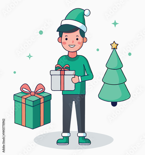 Smiling man in elf hat is holding gift near Christmas tree