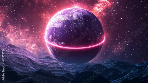 Cosmic Earth, vibrant hues, and futuristic ring