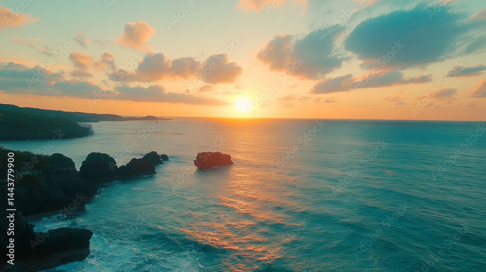 Naklejka premium Stunning ocean sunset landscape with dramatic cliffs and golden sky sea day view rocks coast water