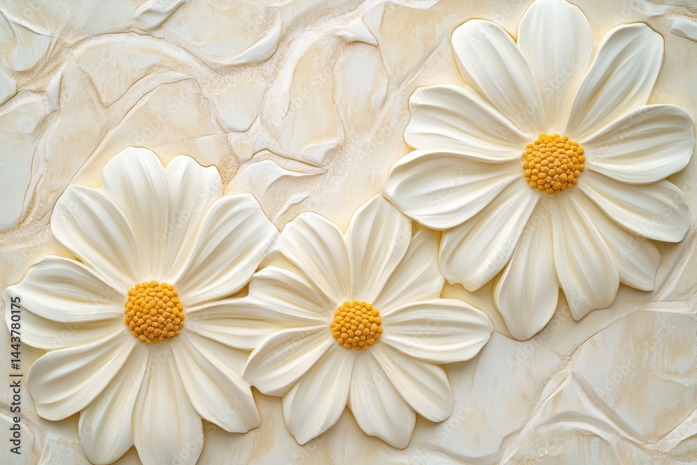 Fototapeta premium Three ornate white flowers on a light beige textured background.