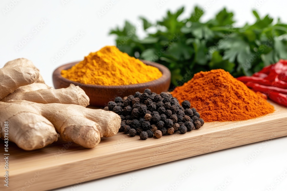Fototapeta premium Spice assortment on wooden board raw ginger turmeric black pepper paprika parsley chili