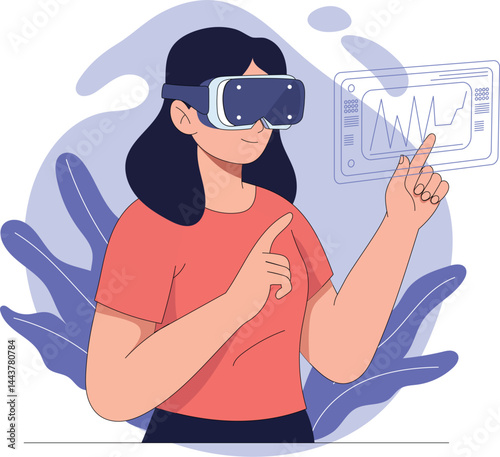Woman wearing virtual reality goggles interacts with a holographic screen, representing immersive technology and futuristic data analysis.