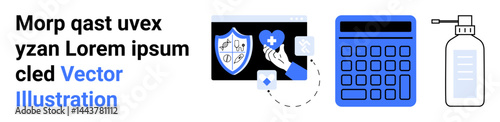Shield with cross, heart in hand representing healthcare, calculator, and sanitizer bottle suggesting protection, medical benefits, hygiene, and digital finance. Ideal for health, finance insurance
