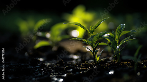 Seedlings in soil. Emerging life. Lush, green leaves glistening in sunlight. New beginnings photo
