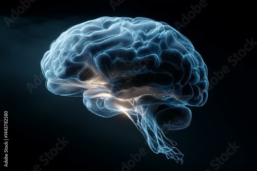 Holographic Wireframe Brain Illustration on Black Background for Science, Technology, and Futuristic Medical Concepts