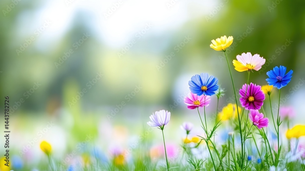 Fototapeta premium Colorful cosmos flowers bloom in a sunny green meadow during spring.