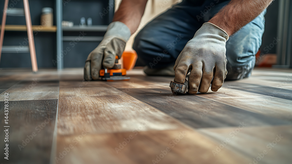 Worker Installing Laminate Flooring Worker Installing Laminate Flooring