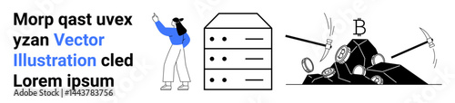 Woman pointing at technology stack alongside mining tools breaking into digital resources. Ideal for technology, cryptocurrency, blockchain, data mining, fintech, server security, and simple landing