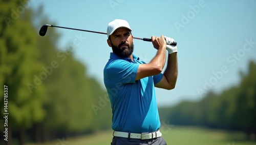 Golfer midswing on a lush course