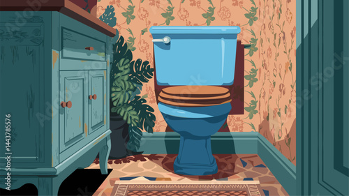 Detailed vector illustration of a vintage bathroom featuring a blue toilet, floral wallpaper, and wooden furniture. Perfect for home decor, renovation, or interior design themes.