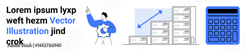 Man holding a gear representing planning, stacked boxes with an upward arrow for growth, blue calculator for calculations. Ideal for business, logistics, planning, goals, productivity, finance