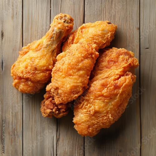 Fried chicken on wood.