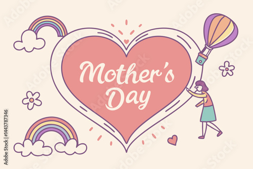 Mother's day heart with rainbows, flowers, and a woman holding onto a hot air balloon illustration