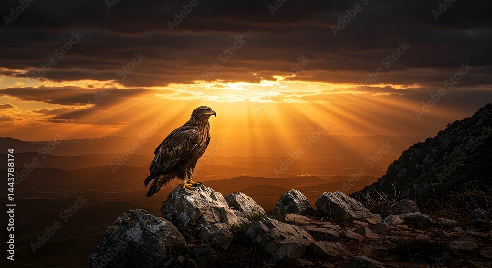 Fototapeta premium Eagle Perched on Rocks at Sunset with Sun Rays