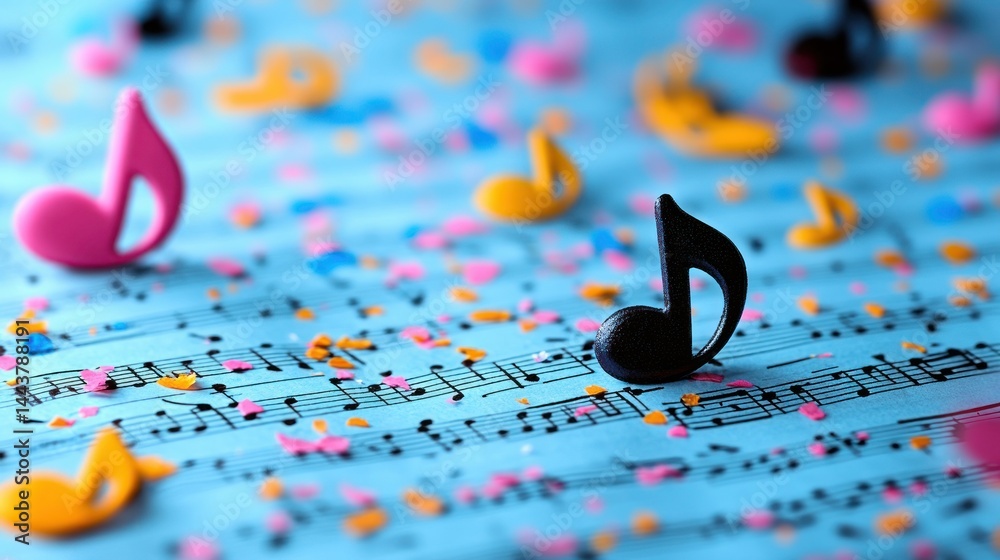 Colorful musical notes on sheet music
