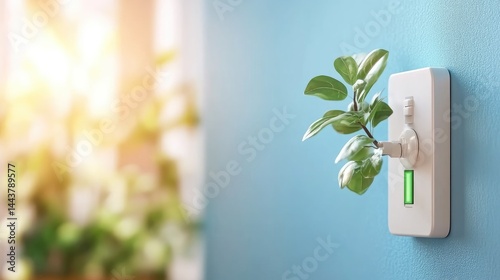 Sustainable energy concept plant growing from light switch representing clean power