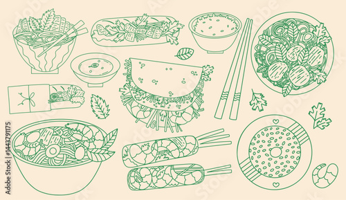 Asian cuisine vector doodle set. Street Vietnamese food. Pho, Goi Cuon, Banh Xeo, Bun Bo Hue. Traditional dishes cafe, restaurant.