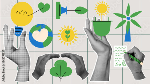 ESG environmental collage. Halftone hands with  sustainable elemetns. Green energy, lightbulb, wind turbine and planet.