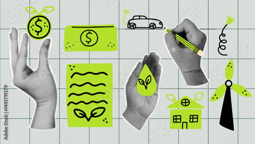 Retro collage with halftone hands and green eco-friendly design elements. Sustainable renewable energy. Green technologies and financial growth