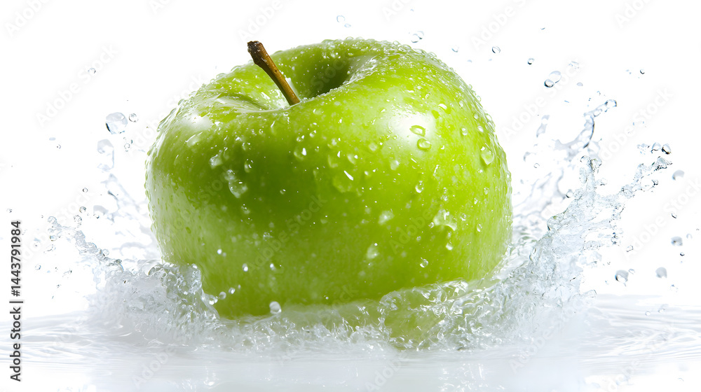 green apple splashing in fresh water isolated on white or transparent png