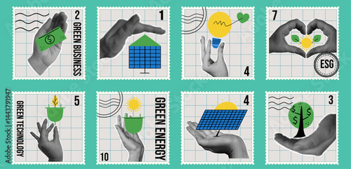 Environmental social governance postage stamp set. Green business collection with  green energy and technology. Halftone hands supporting sustainability.  Vector illustration in retro collage style.