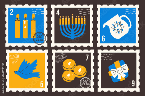 Set of vintage Hanukkah stamps with traditional symbols Menorah, donuts, jug. Festive vector hand drawn design elements.