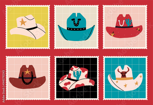 Stamps with different designs of cowboy hats. Vector hand drawn illustration