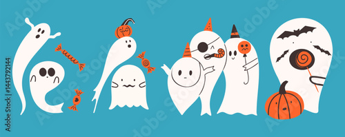 Set of cute hand drawn cartoon ghosts for happy halloween. Funny creepy graphic characters. Vector illustration