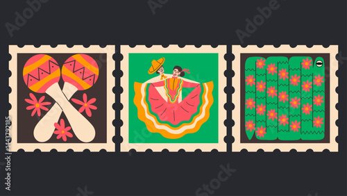 Cinco de Mayo festive postage stamps. Maracas, folk dancers and snake elements. Mexican heritage vector illustration.