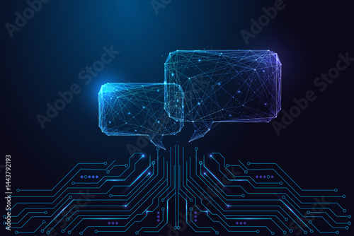 Digital communication and AI chat concept with speech bubbles and circuit board, vector illustration