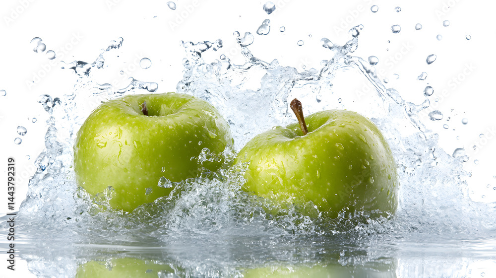 green apple splashing in fresh water isolated on white or transparent png