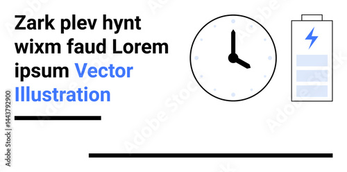 Clock with black hands, blue-text placeholder, battery icon with lightning representing energy, horizontal lines. Ideal for productivity, energy conservation, scheduling, planning, efficiency