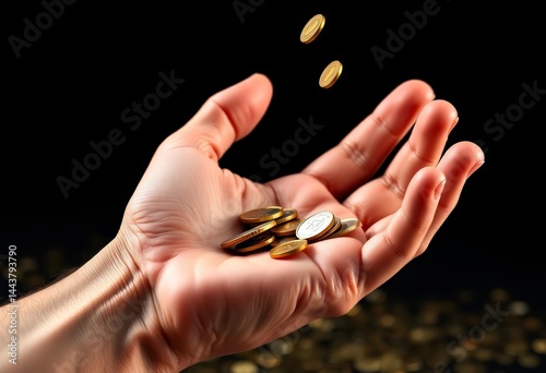 A large hand, like a magnet, pulls in coins towards it,  design, money