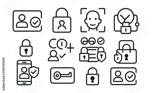 Line style icons of secure access: access granted, login padlock, facial ID, retina scan, multi-auth symbol, entry token, restricted entry, pass verification.