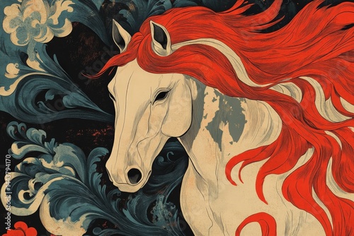 Majestic white horse with flowing red mane set against intricate blue and black background