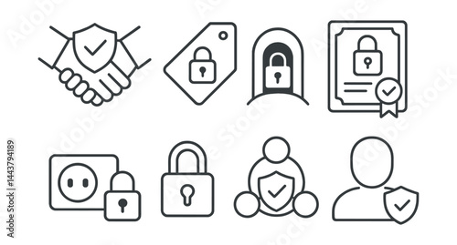 Line style icons of secure connections: handshake with shield, HTTPS tag, VPN tunnel, SSL certificate, secure socket, lock icon, network trust, verified identity.