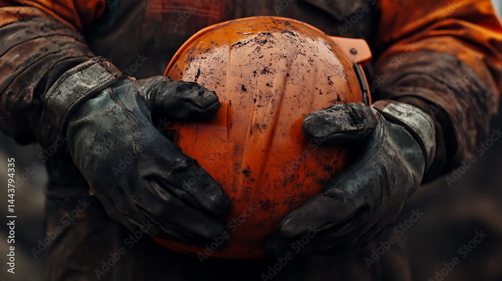 Fototapeta premium Worker Holding a Dirty Orange Hard Hat