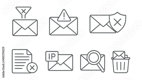 Line style icons of anti-spam systems: spam filter, blocked email, spam alert, report spam, email shield, IP blacklist, message scan, junk icon.