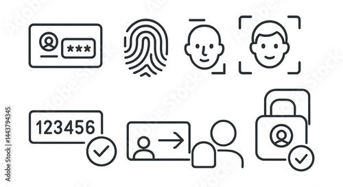 Line style icons of secure login: login field, fingerprint icon, face recognition, secure pin, 2FA code, login padlock, access request, identity verify.