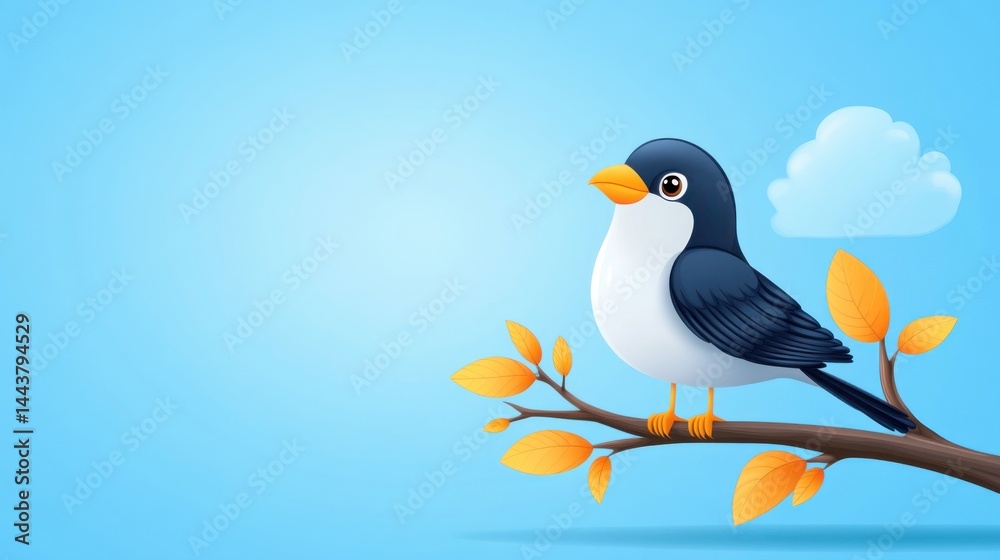 Naklejka premium Colorful cartoon bird standing on branch with yellow leaves and blue sky