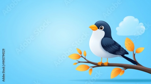 Colorful cartoon bird standing on branch with yellow leaves and blue sky