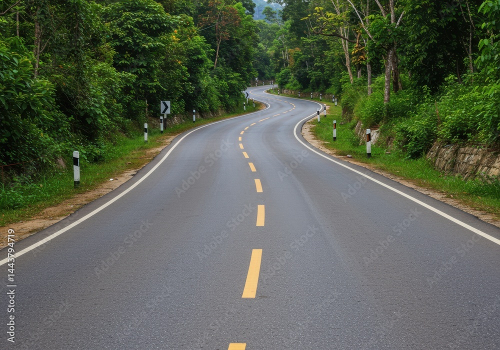Scenic winding road through lush green forest travel destination Scenic winding road through lush green forest travel destination