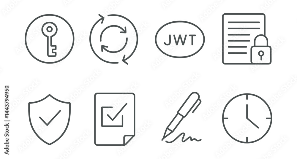 Set of icons for a computer keyboard, including a key, a pen, a clock Set of icons for a computer keyboard, including a key, a pen, a clock