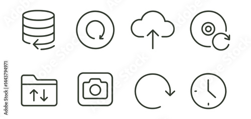 Line style icons of backup and recovery: data restore, backup icon, cloud backup, recovery disk, scheduled backup, sync folder, snapshot icon, rollback icon.