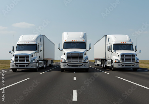 Three semi-trucks are driving down a highway on a beautiful sunny day under a clear sky.