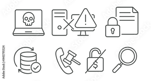 Line style icons of ransomware response: ransomware detection, isolate system, incident alert, encrypted files, backup restore, contact law, payment block, investigation icon.