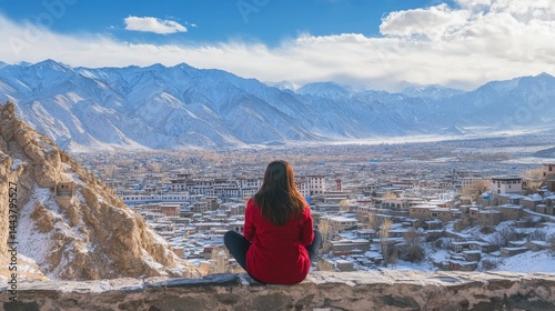 Thai tourists at Stok Palace, Leh Ladakh enjoy winter landscape.
