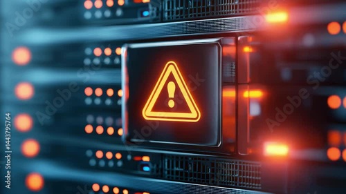 Warning alert on server hardware indicating error and warning signs in technology environment