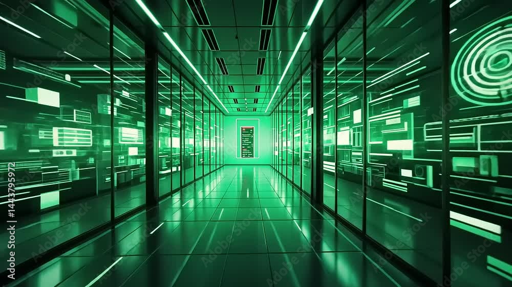 Futuristic green data center corridor with glowing displays Futuristic green data center corridor with glowing displays